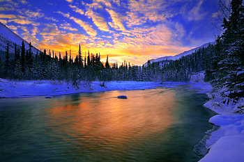 Fire in the Sky, Scenery, Sunset, Landscape, Nature, Scenic, Beautiful, Winter, Snow, River HD wallpaper