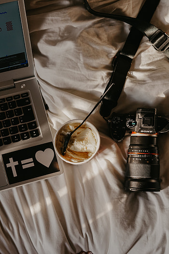 Desert, Ice Cream, Technologies, Technology, Camera, Notebook, Laptop, Spoon, Working Process, Workflow HD phone wallpaper