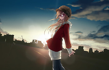 Urban, anime girl, sunset, outdoor HD wallpaper