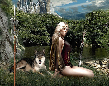 Wolf Lady, landscape, artwork, predator, woman HD wallpaper