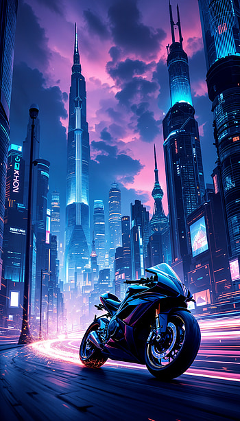 Futuristic Cityscape: A Stunning , cyberpunk, motorcycle, futuristic city, night, neon lights HD phone wallpaper