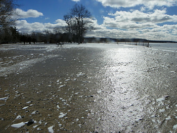 frozen sand, winter, wescotts beach, trees, lake ontario, ice HD wallpaper