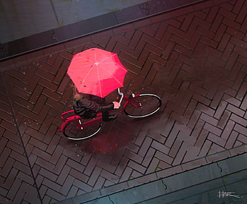 Biker, umbrella, view from the top, pink, fantasy, art, luminos, robin har HD wallpaper