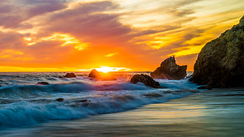 Sunset at Malibu Coast, sky, california, usa, clouds, colors, rocks HD wallpaper