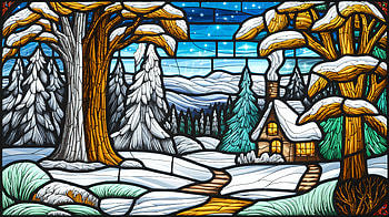 Winter Wonderland: Stunning Ultra, winter wonderland, stained glass, winter landscape, cabin, snow HD wallpaper