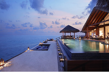 Sunset Swimming, island, tropical, dusk, candles, water, islands, sunset, swimming, bungalow, pacific, luxury, exotic, paradise, villa, south, french, lights, pool, evening, polynesia HD wallpaper