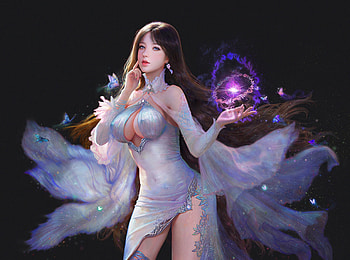 Fantasy girl, white, black, frumusete, fantays, ahri, girl, fox, purple, pink, fantasy, magical, luminos, ruoxin zhang HD wallpaper