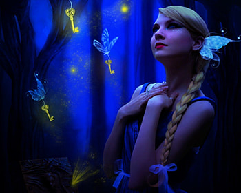 Keys to magic, night, blue, keys, girl, golden keys, butterfly, plaits, hair, forest HD wallpaper