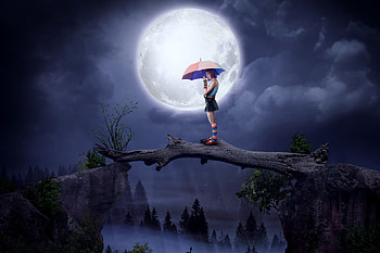 Girl With Umbrella Big Moon Digital Art , girl, moon, artist, artwork, digital-art, deviantart, umbrella HD wallpaper