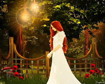 Alone in the Garden, fantasy, art, lamp, fence, woman HD wallpaper