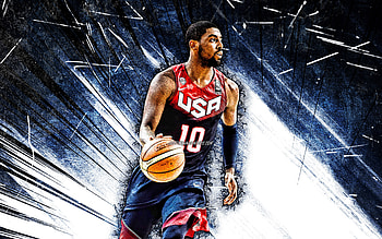 Kyrie Irving, grunge art, USA Basketball Mens National Team, Kyrie Andrew Irving, basketball, US mens national basketball team, blue abstract rays, Kyrie Irving HD wallpaper