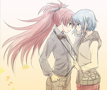 Forbidden Love, mahou shoujo madoka magica, hoodie, cute, shoujo ai, red hair, suspenders, long hair, sakura kyouko, miki sayaka, misu kasumi, short hair, kawai, blue hair, multiple girls, yuri, sketch, anime, girls, bowtie, blush HD wallpaper