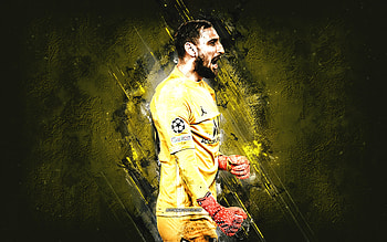 Gianluigi Donnarumma, PSG, goalkeeper, Paris Saint-Germain, yellow stone background, grunge art, Ligue 1, France, football HD wallpaper