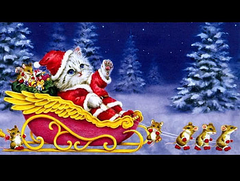 Santa Claus Kitten, x-mas, kitten, mice, sleigh HD wallpaper