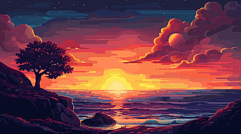 Pixel Art Sunset: Serene Nature, sunset, pixel art, nature, landscape HD wallpaper