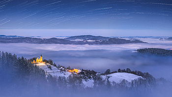 Fog And Starlight A Church In The Valley, mountains, mountain, trees, tree, snow, mist, clouds, nature HD wallpaper