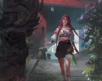 Leaving the temple, art, temple, girl, stairs, tea me, fantasy, luminos, redhead, teame HD wallpaper