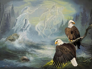 Native American Ghost Warriors, artwork, dust, creek, trees, eagles HD wallpaper