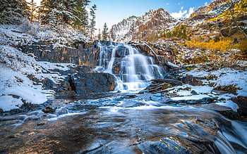 waterfall, morning, winter, rocky mountains, yellow trees, early winter, mountain landscape HD wallpaper