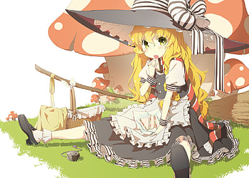 Marisa's Picnic, awesome, blonde, cute, sandwich, long hair, mushroom, witch, anime girl, black dress, anime, fantasy, touhou, shrine maiden project, marisa kirisame, hat, picnic HD wallpaper