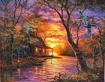 Duck Camp, river, boat, colors, cabin, artwork, painting, clouds, trees, autumn, sky, sunset HD wallpaper