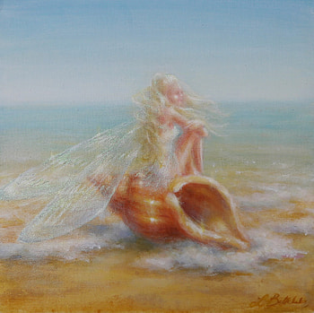 Sound of the Sea, sea, lynne bellchamber, art, girl, orange, summer, shell, fairy, fantasy, painting, luminos, water, vara HD wallpaper