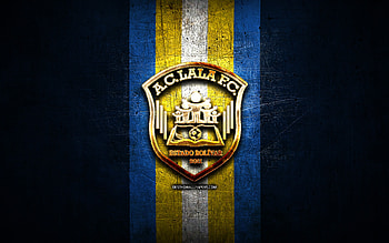 Lala FC, golden logo, La Liga FutVe, blue metal background, football, Venezuelan football club, AC Lala logo, soccer, Venezuelan Primera Division, AC Lala HD wallpaper