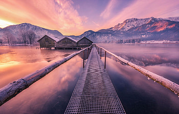 Winter Sunset, snow, cabins, pier, mountains, lake HD wallpaper