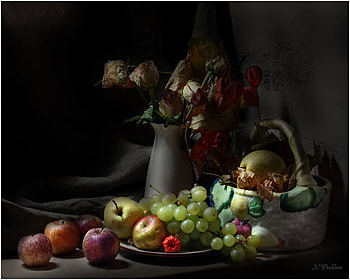 Fruit Harvest, basket, pitcher, full, fall, fruit, flowers HD wallpaper