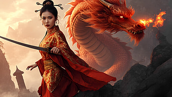 asian, girl, dragon, sword HD wallpaper