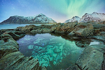 Nature, Mountains, Rocks, Lake, Snow Covered, Snowbound, Northern Lights, Aurora Borealis HD wallpaper