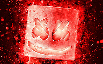 DJ Marshmello, , red neon lights, music stars, Christopher Comstock, american DJ, superstars, Marshmello, red abstract background, DJs, Abstract Marshmello, Marshmello HD wallpaper