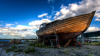 wooden boat in dry dock, clouds, boat, wood, dock HD wallpaper