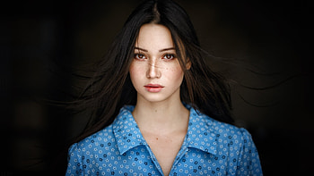 Brown eyes, pretty woman, blue shirt, model HD wallpaper