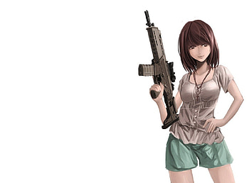 GunSlinger, plain, sexy, white, hot, cute, girl, anime girl, simple, anime, rifle, weapon, short hair, brown hair, gun, warrior, female HD wallpaper