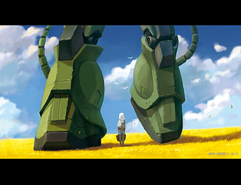 Whoa..., little girl, mecha, yellow, green, gundam, flower field, zaku, legs HD wallpaper