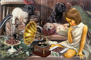 Little Girl and the Music, gramofon, music, chocolate, dogs, girl HD wallpaper