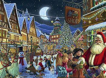 Santa in Town, artwork, children, painting, moon, snow, christmas, market, houses HD wallpaper
