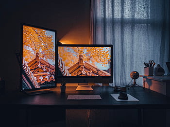 Cozy home office setup with dual monitors displaying autumn scenery. HD wallpaper