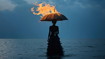 Life Girl Standing Under The Burning Umbrella, umbrella, rain, fire, flame, artist, artwork, digital-art HD wallpaper