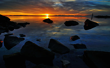 PEACEFUL END OF A DAY, horizon, landscape, nature, sun, sunset HD wallpaper