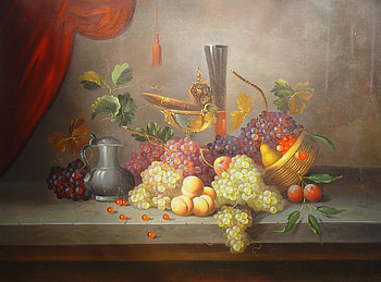 Fruit Galore, table, creamer, grapes, vase, bowl, plums, curtain HD wallpaper