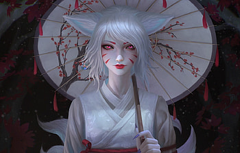Fox girl, fanfoxy, asian, art, parasol, face, luminos, white, frumusete, gorgeous, superb HD wallpaper