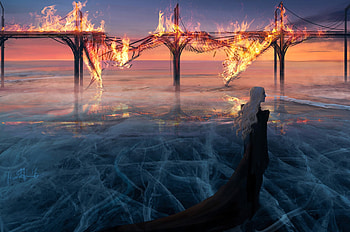 When bridges are burned, blue, daenerys targaryen, art, girl, fantasy, bridge, anndr, luminos, water, fire, burn HD wallpaper