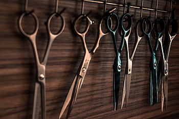 A collection of vintage barber scissors hanging on a wooden wall, showcasing sharp tools for hair cutting. HD wallpaper