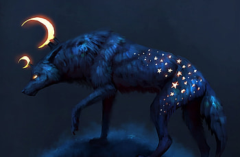 Wolf, blue, black, art, jademerien, dark, star, moon, fantasy, luna, luminos, jade merien HD wallpaper