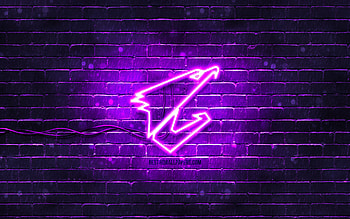 Aorus violet logo, , violet brickwall, Aorus logo, brands, Aorus Gigabyte, Aorus neon logo, Aorus HD wallpaper
