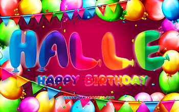 Happy Birtay Halle, , colorful balloon frame, Halle name, purple background, Halle Happy Birtay, Halle Birtay, popular american female names, Birtay concept, Halle HD wallpaper