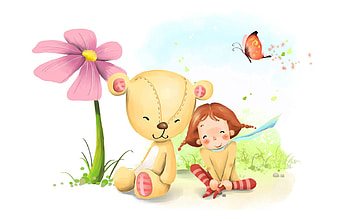 Flower, Miscellanea, Miscellaneous, Bear, Girl HD wallpaper
