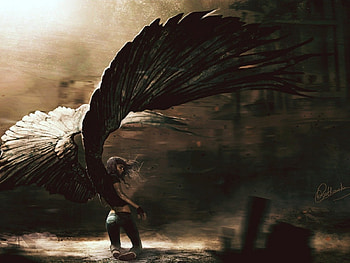 teen Angel, huge, wings, girl, light HD wallpaper